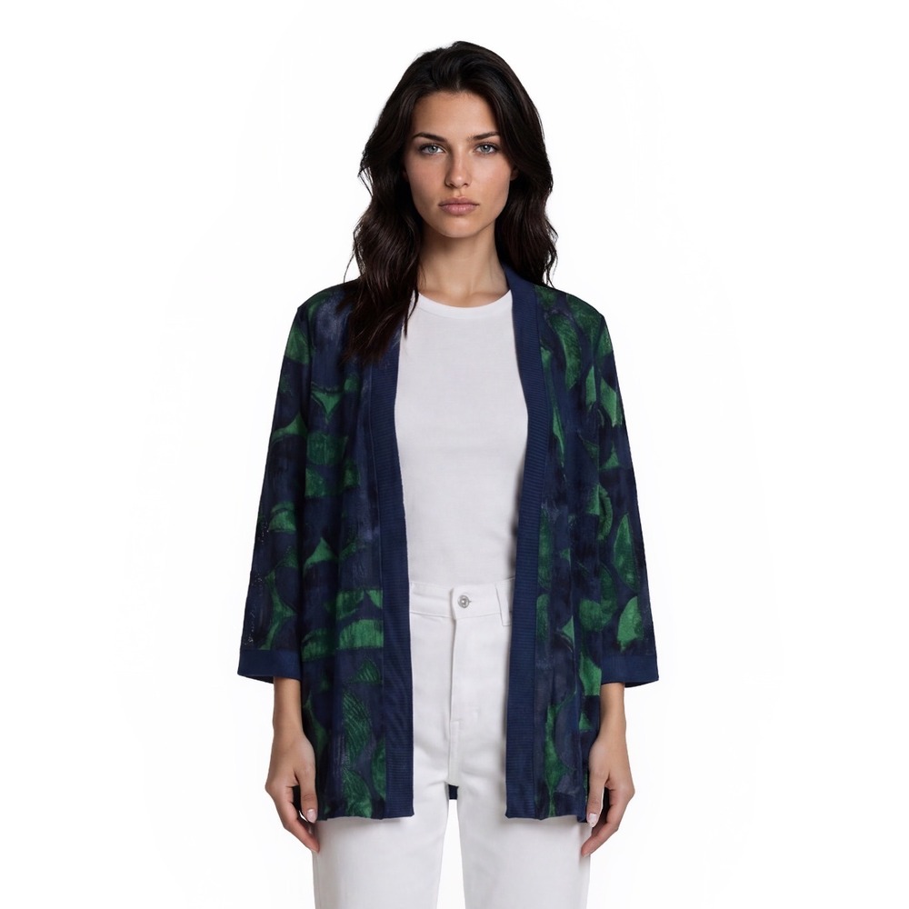 Chico's Cardigan Sweater Jacket Women's Size 0 US Small Green Navy Blue Abstract